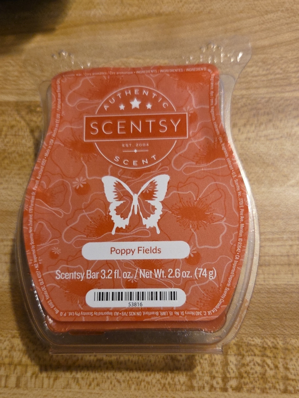 Scentsy Poppy Fields Wax Bar — Orange and White Packaging